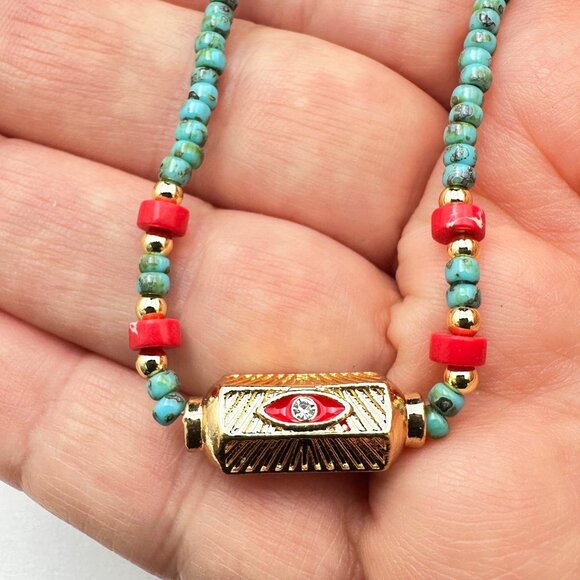 Turquoise & Red Coral Evil Eye Pendant Necklace 18K Gold Plated 16 to 18 Inch - Picture 3 of 5